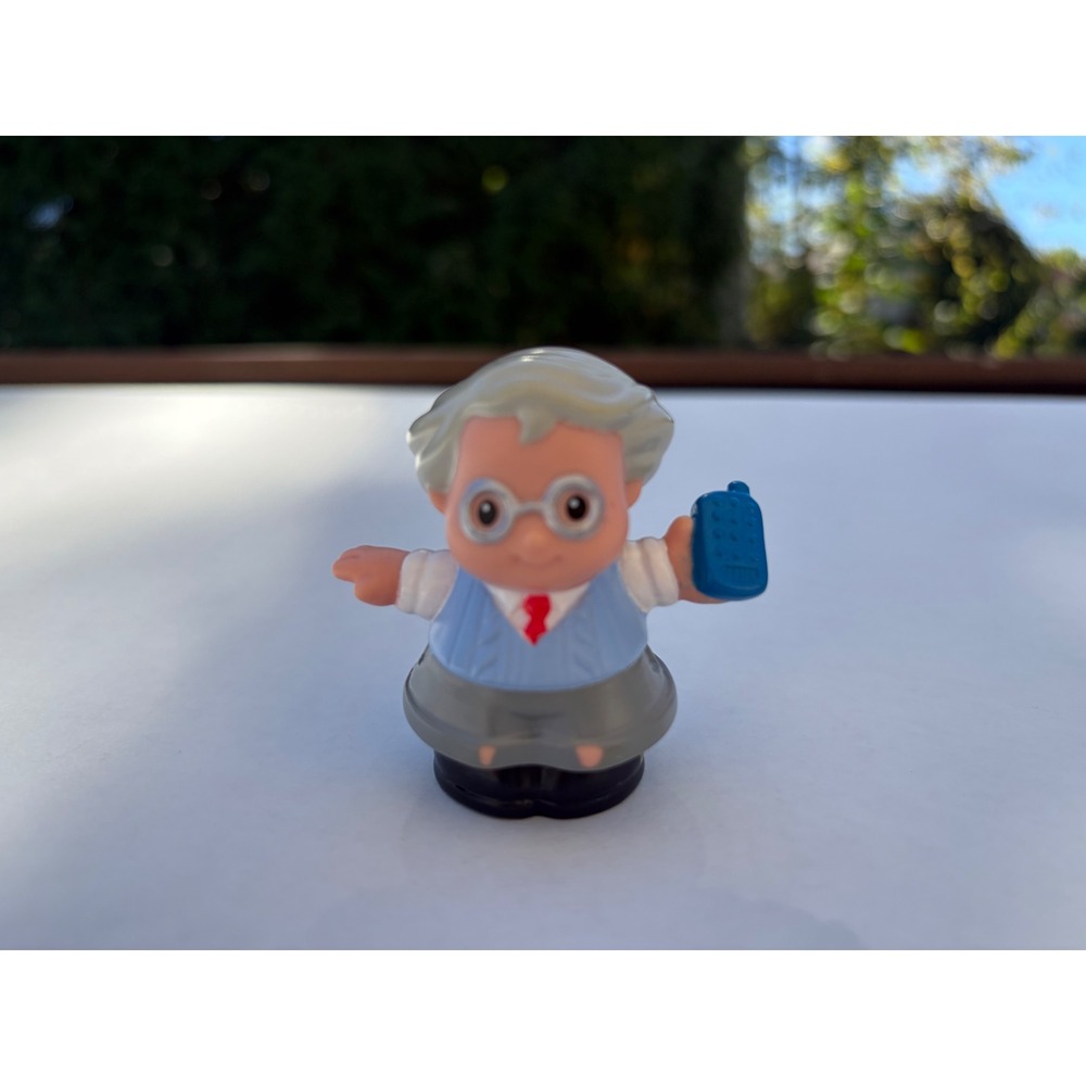 Fisher-Price Little People Businessman Figure Grey Hair Glasses Blue Phone Toy
